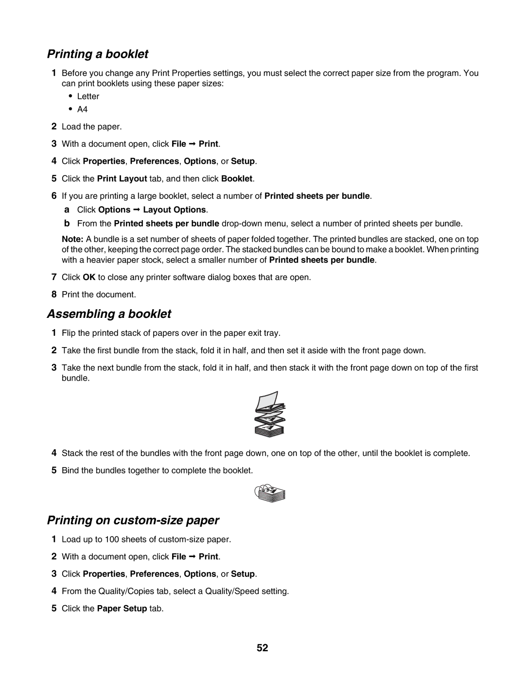 Lexmark 4800 Series manual Printing a booklet, Assembling a booklet, Printing on custom-size paper 