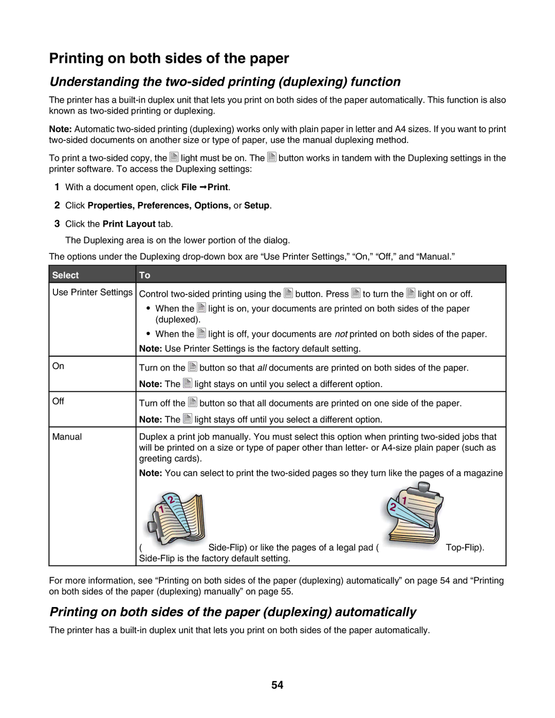 Lexmark 4800 Series Printing on both sides of the paper, Understanding the two-sided printing duplexing function, Select 