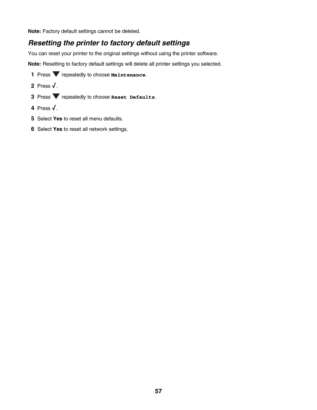 Lexmark 4800 Series manual Resetting the printer to factory default settings 