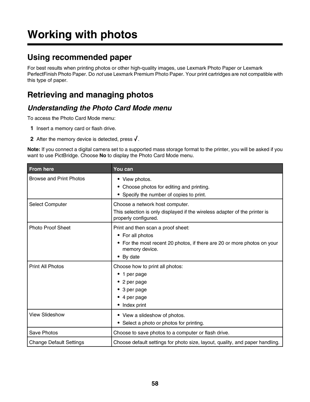 Lexmark 4800 Series manual Working with photos, Using recommended paper, Retrieving and managing photos 