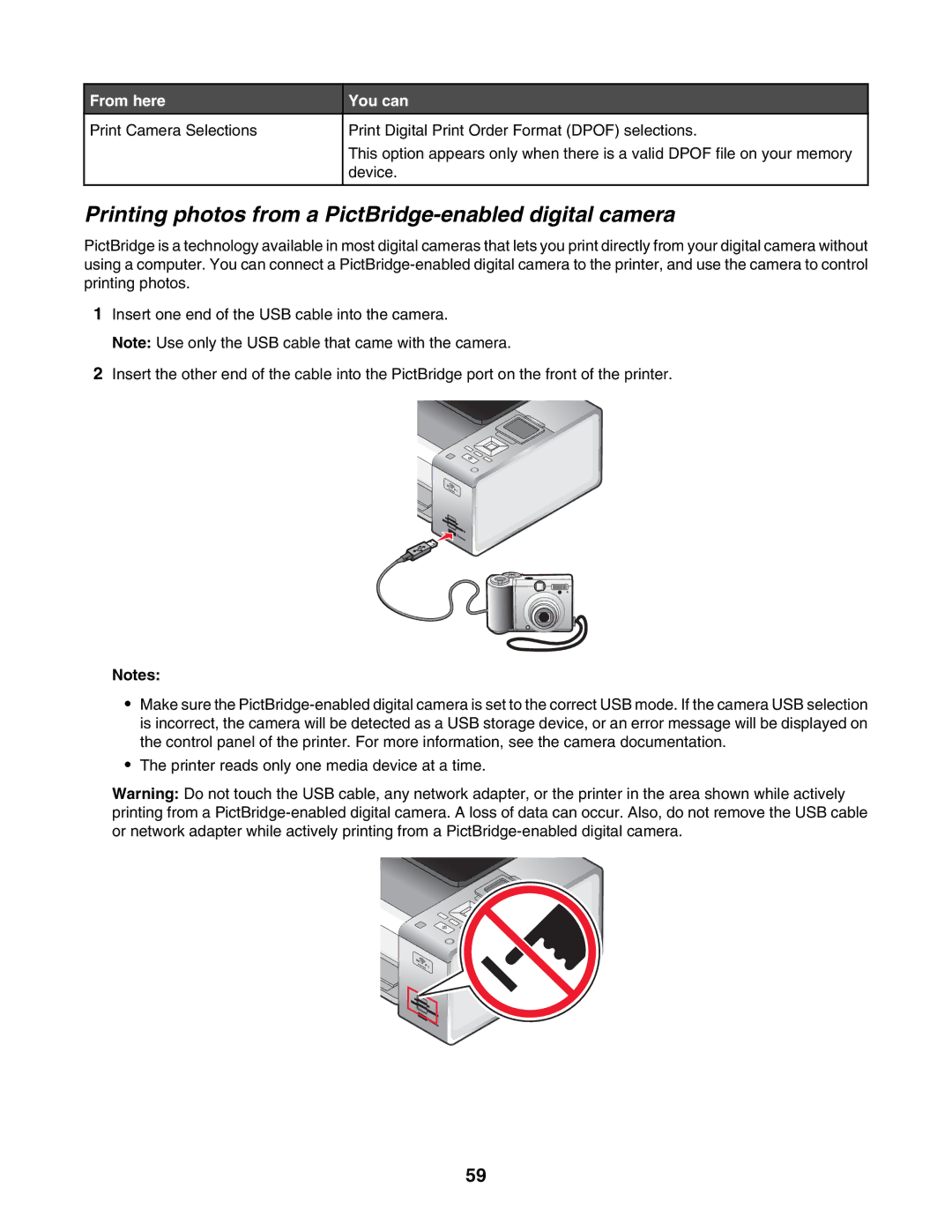 Lexmark 4800 Series manual Printing photos from a PictBridge-enabled digital camera, From here 