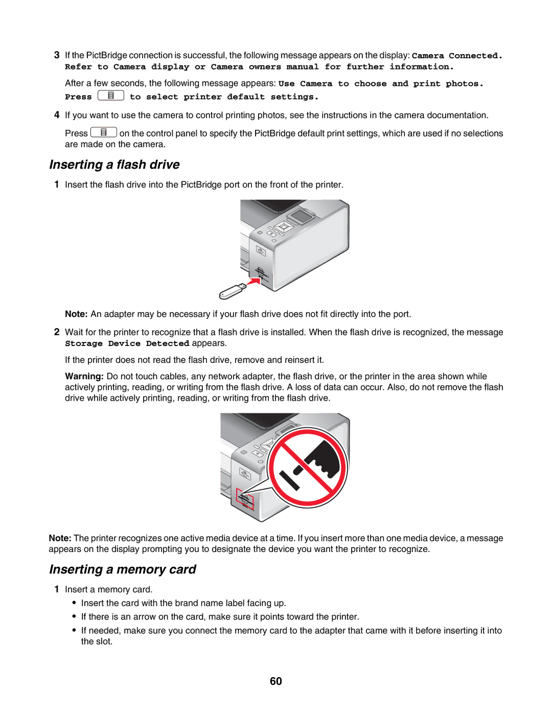 Lexmark 4800 Series manual Inserting a flash drive, Inserting a memory card 