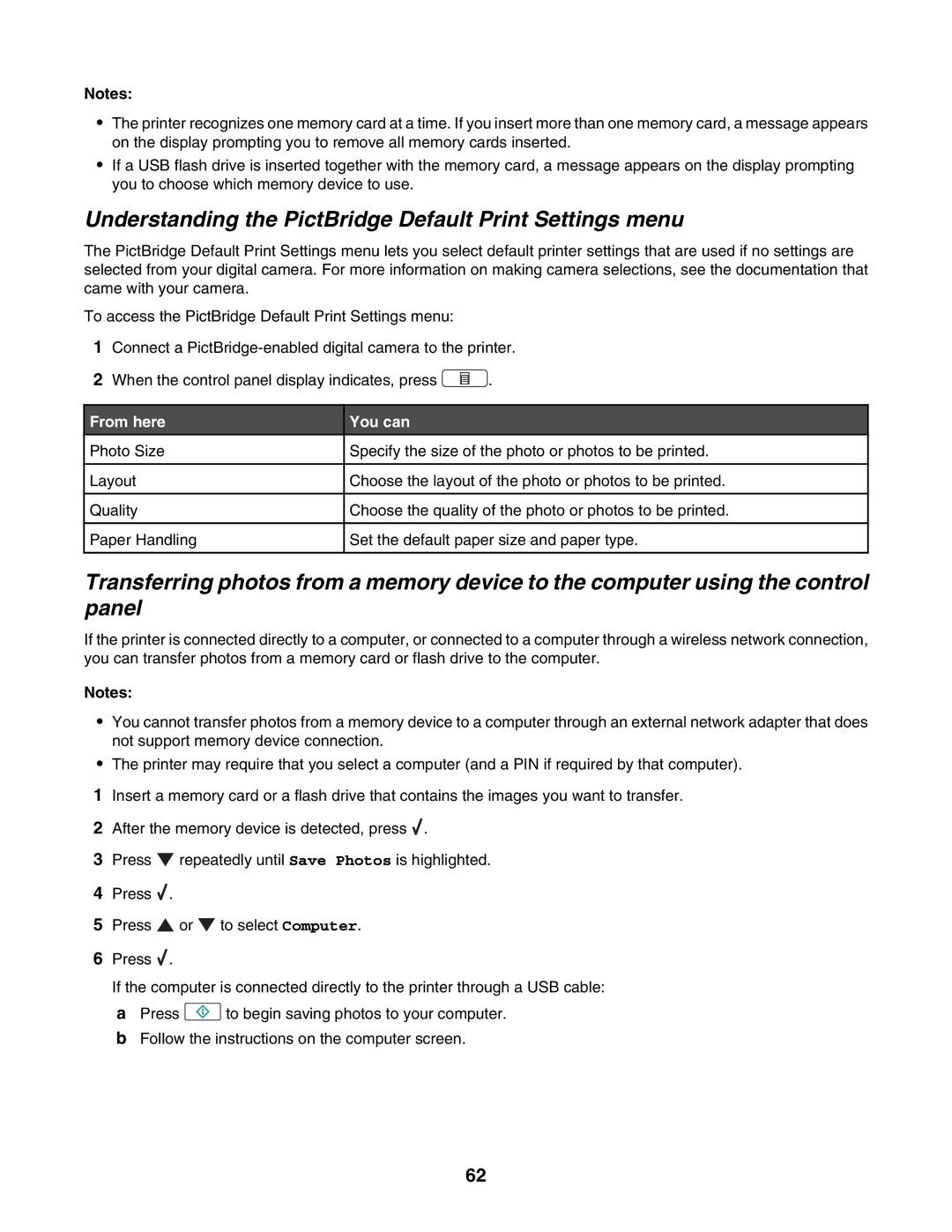 Lexmark 4800 Series manual Understanding the PictBridge Default Print Settings menu, From here You can 