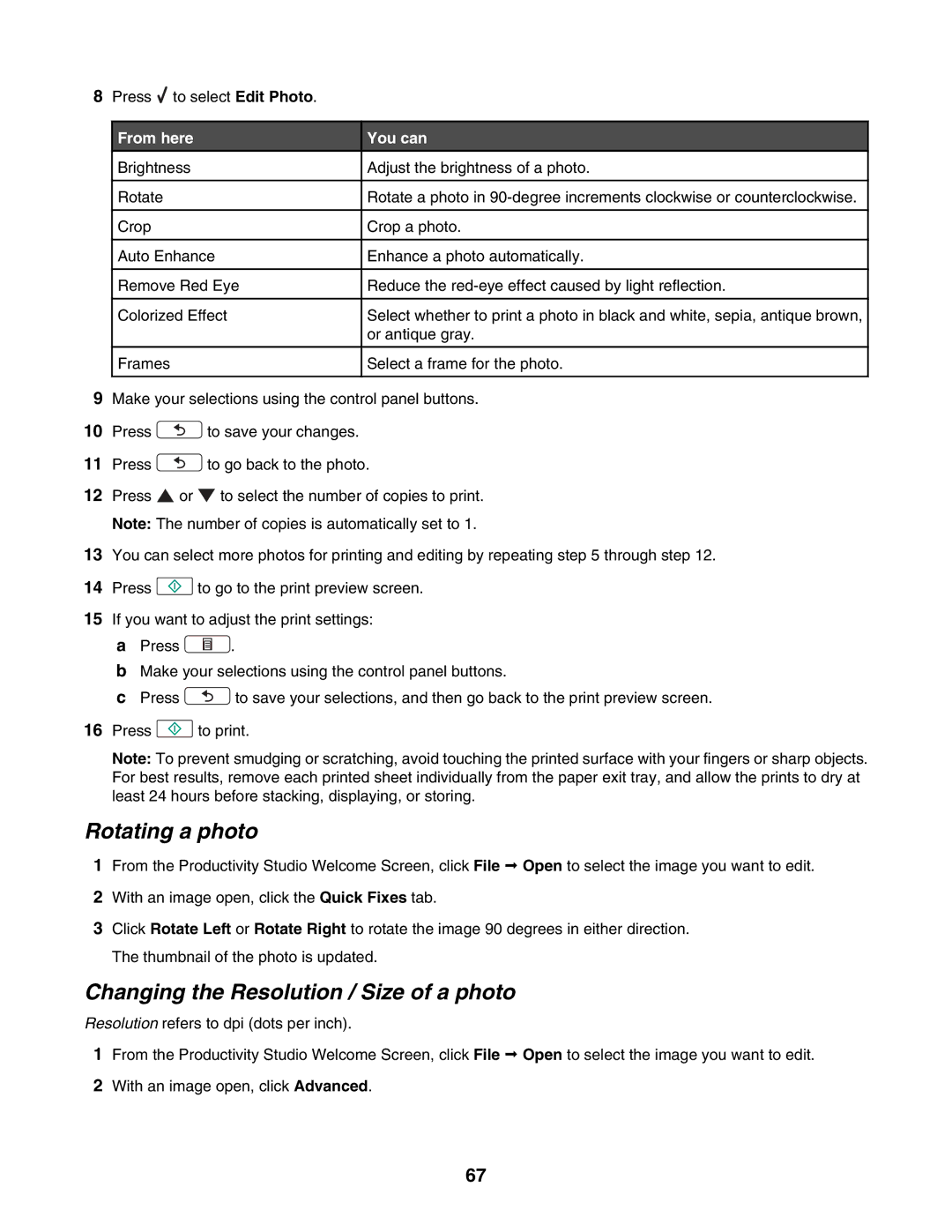 Lexmark 4800 Series manual Rotating a photo, Changing the Resolution / Size of a photo 