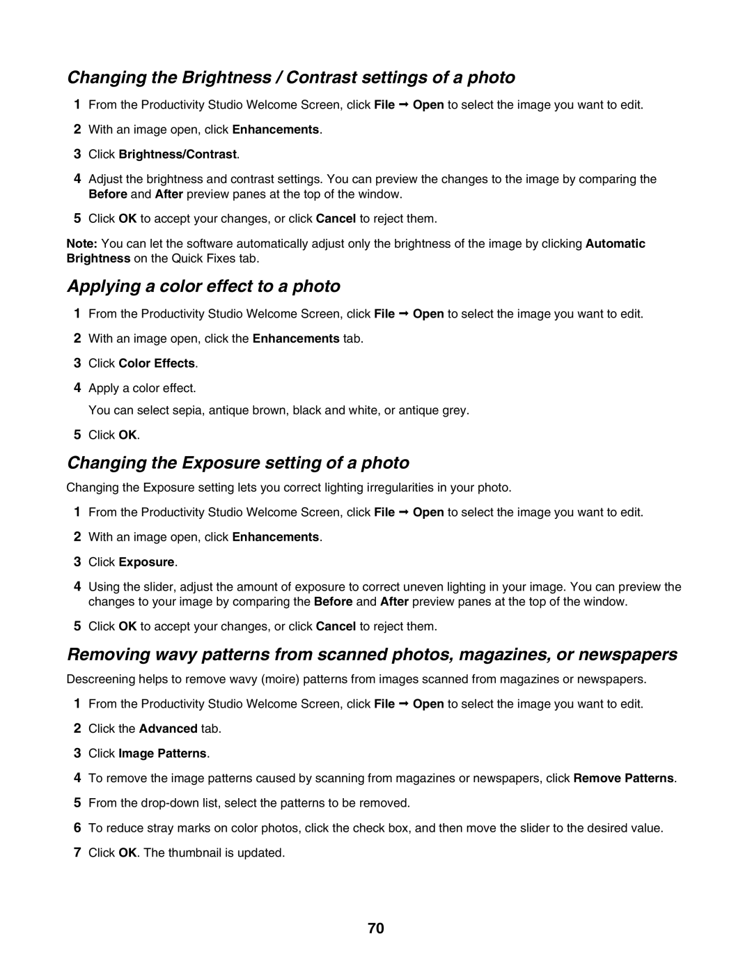 Lexmark 4800 Series manual Changing the Brightness / Contrast settings of a photo, Applying a color effect to a photo 