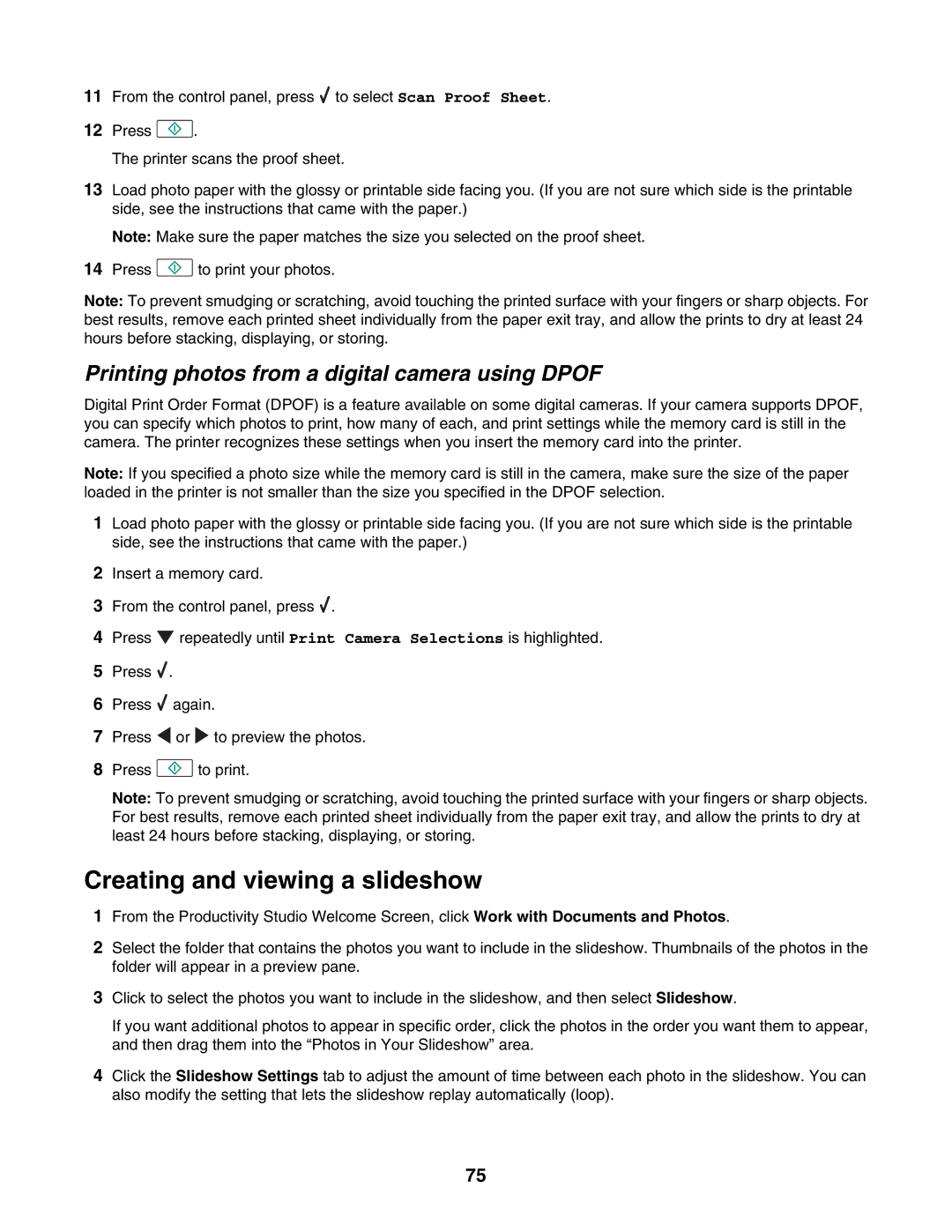 Lexmark 4800 Series manual Creating and viewing a slideshow, Printing photos from a digital camera using Dpof 