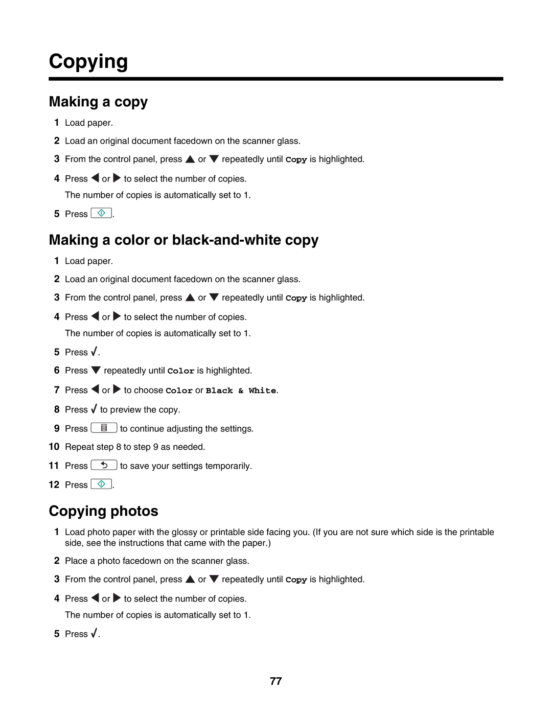 Lexmark 4800 Series manual Making a copy, Making a color or black-and-white copy, Copying photos 