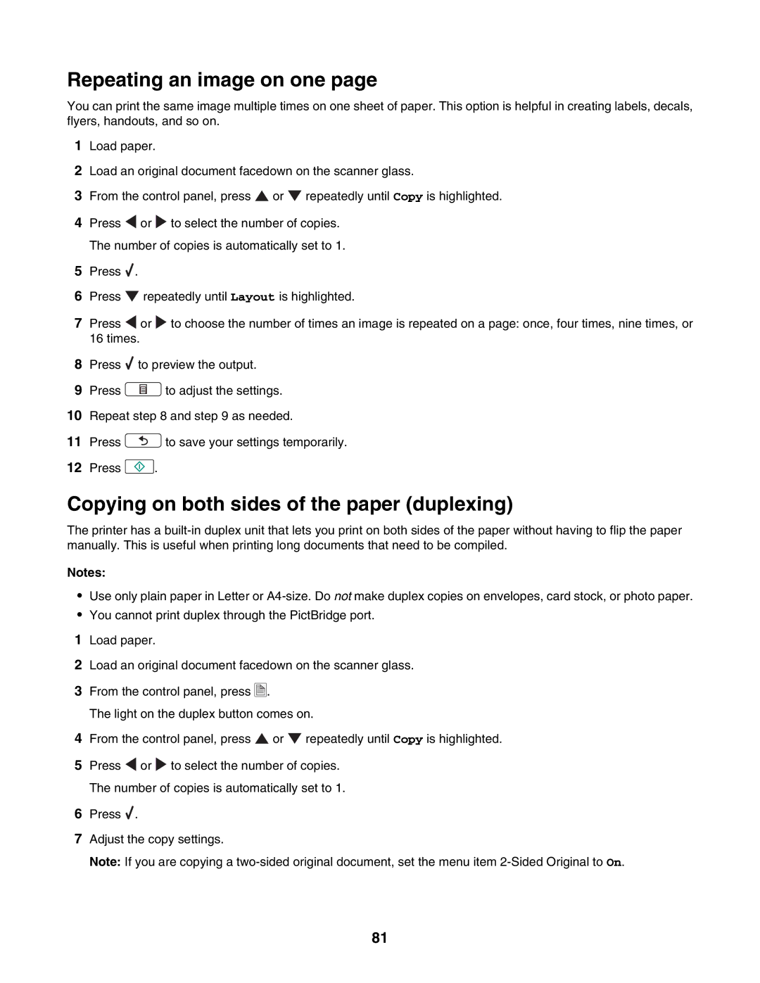 Lexmark 4800 Series manual Repeating an image on one, Copying on both sides of the paper duplexing 