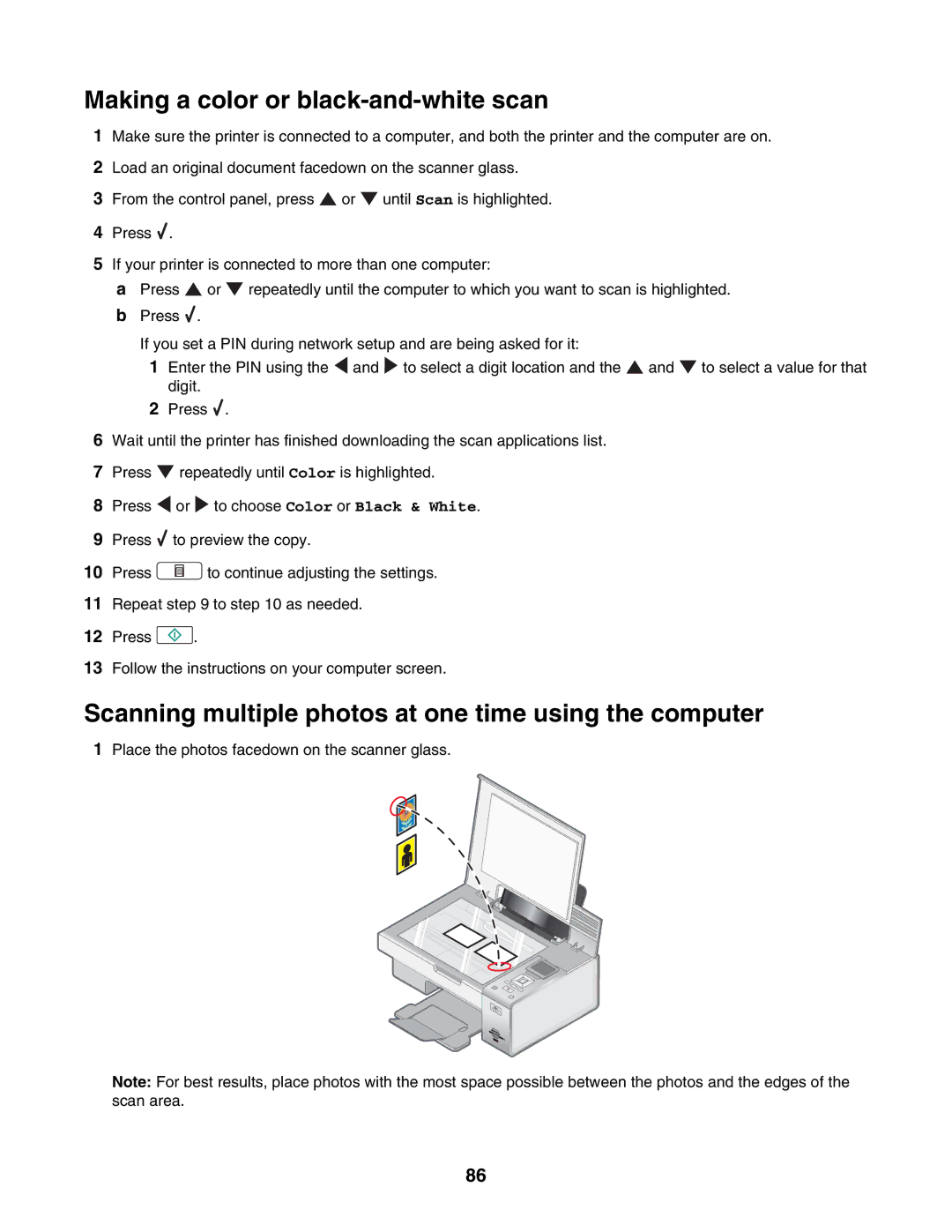 Lexmark 4800 Series manual Making a color or black-and-white scan, Scanning multiple photos at one time using the computer 