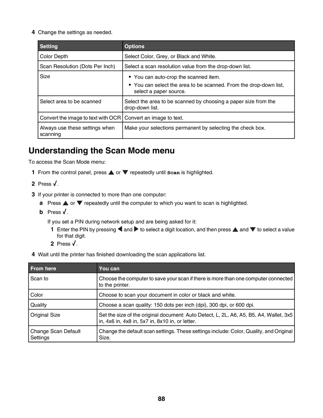 Lexmark 4800 Series manual Understanding the Scan Mode menu, Setting Options 