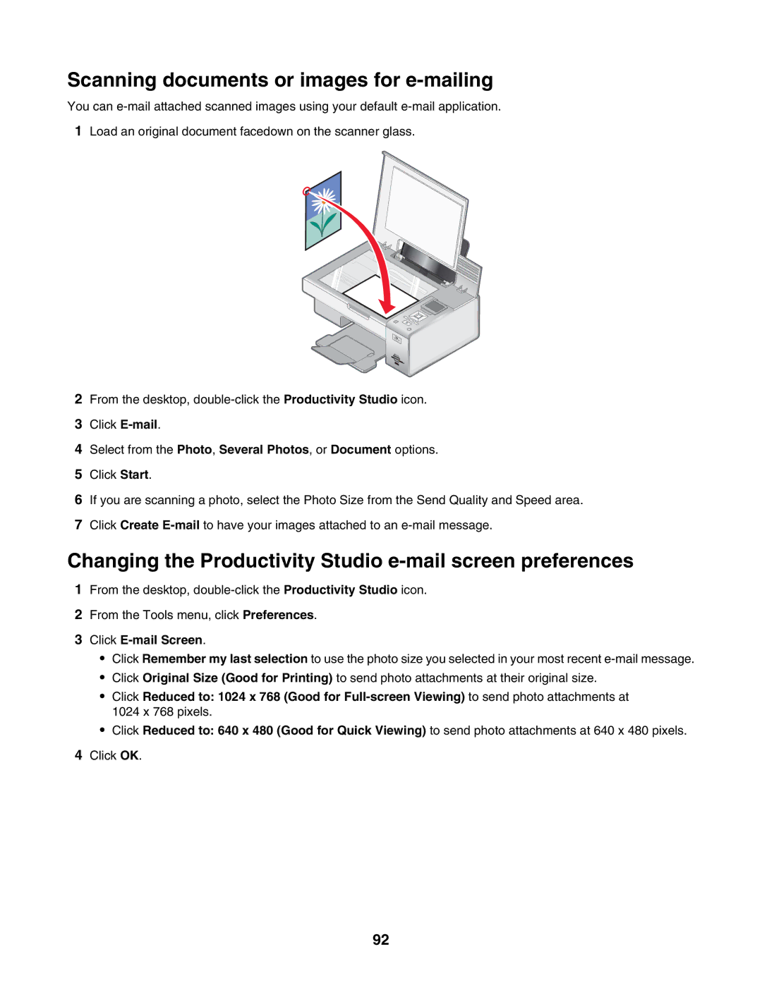 Lexmark 4800 Series Scanning documents or images for e-mailing, Changing the Productivity Studio e-mail screen preferences 