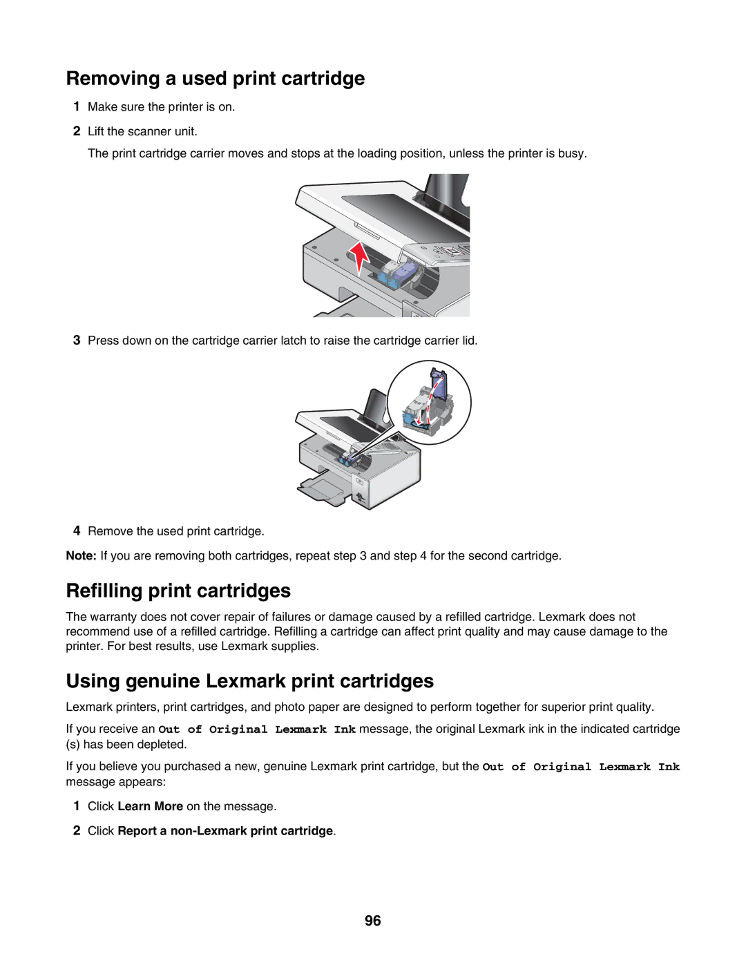 Lexmark 4800 Series Removing a used print cartridge, Refilling print cartridges, Using genuine Lexmark print cartridges 