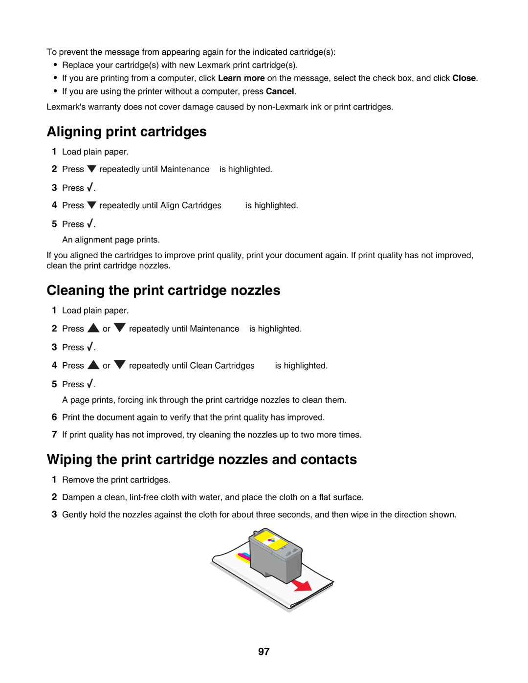 Lexmark 4800 Series manual Aligning print cartridges, Cleaning the print cartridge nozzles 