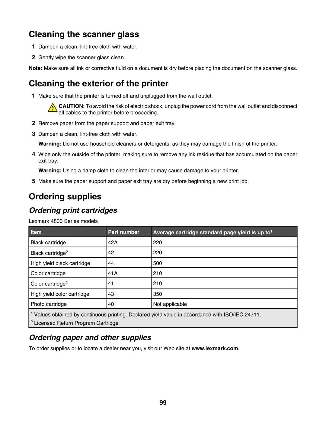 Lexmark 4800 Series manual Cleaning the scanner glass, Cleaning the exterior of the printer, Ordering supplies 