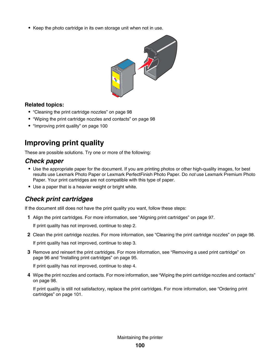 Lexmark 4800 manual Improving print quality, Check paper, Check print cartridges, 100 