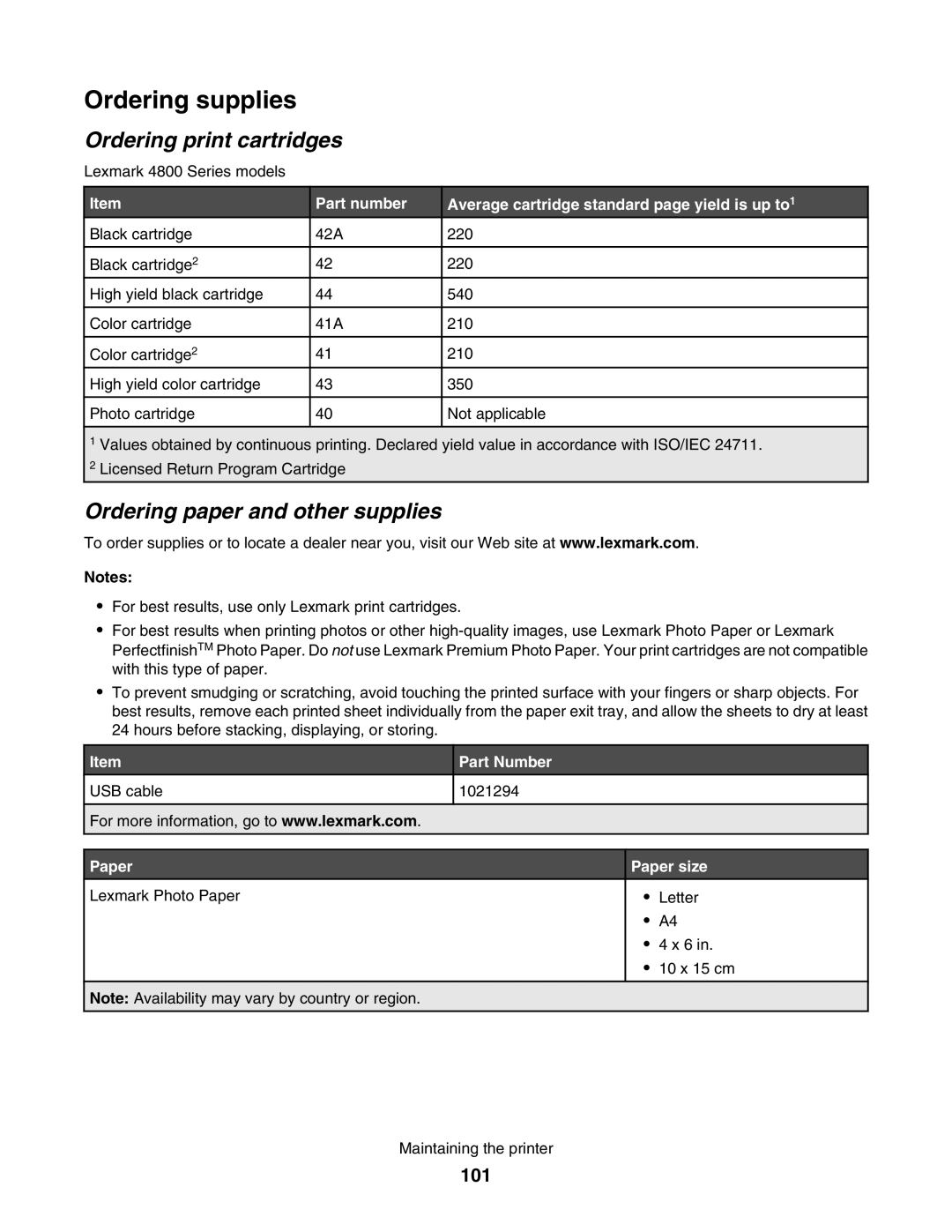 Lexmark 4800 manual Ordering supplies, Ordering print cartridges, Ordering paper and other supplies, 101 