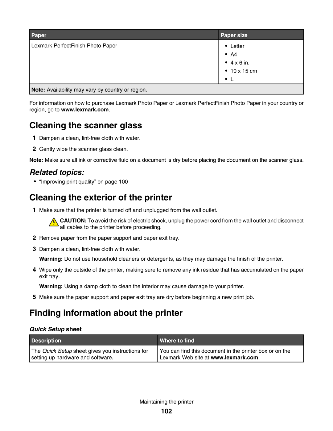 Lexmark 4800 Cleaning the scanner glass, Cleaning the exterior of the printer, Finding information about the printer, 102 