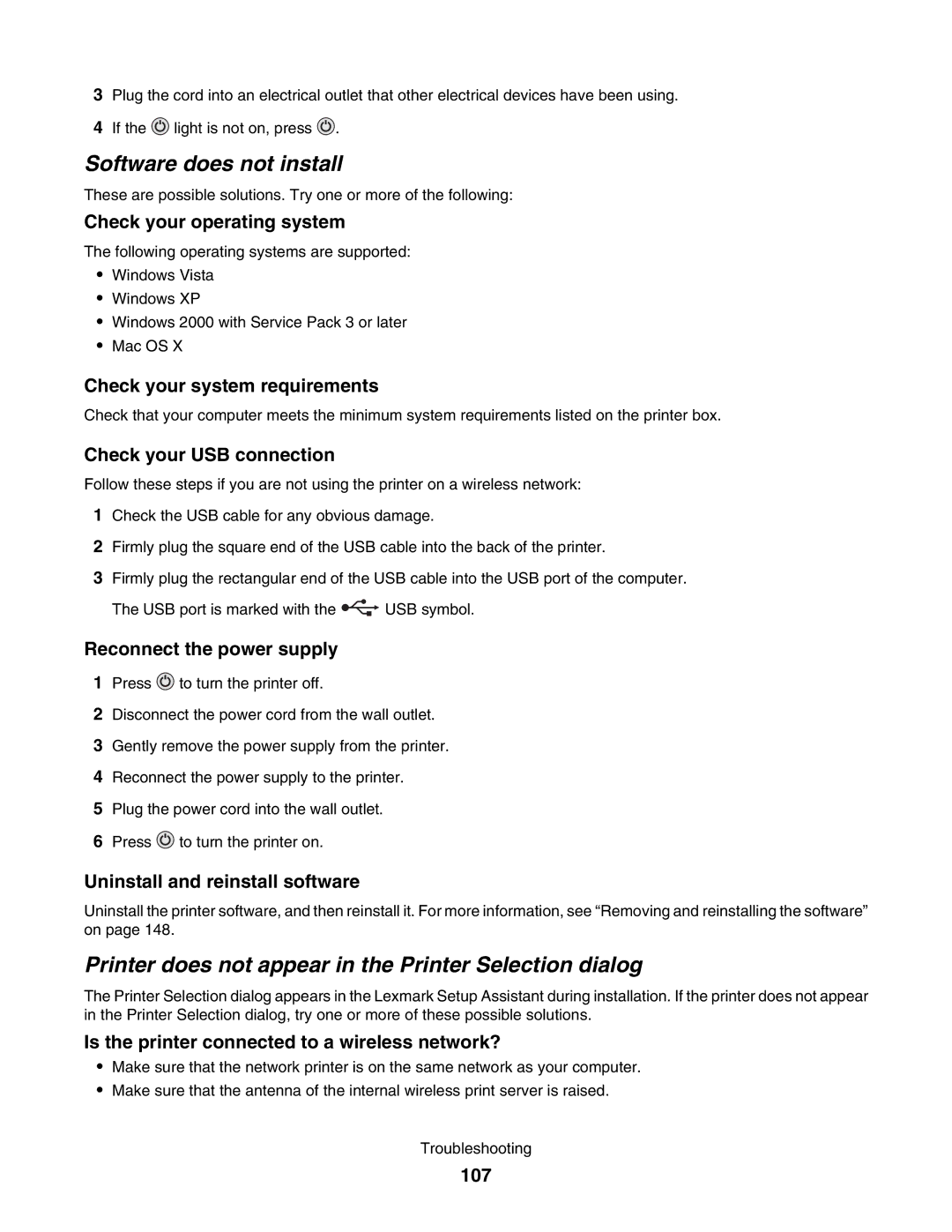 Lexmark 4800 manual Software does not install, Printer does not appear in the Printer Selection dialog 