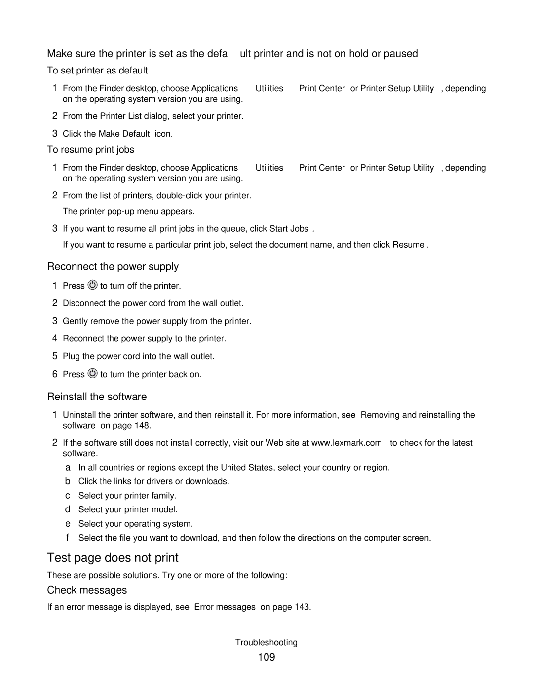 Lexmark 4800 manual Test page does not print, Reinstall the software, Check messages, 109 