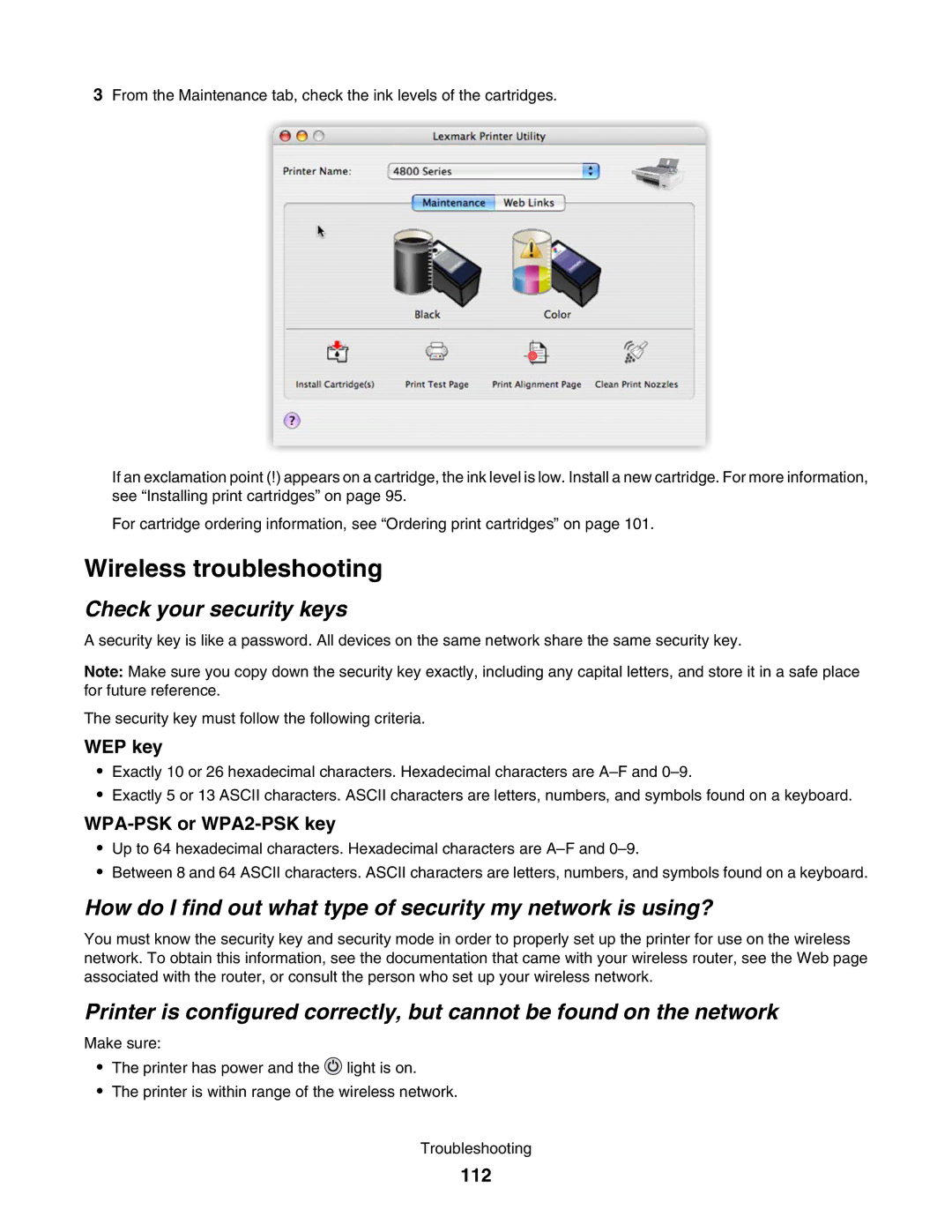 Lexmark 4800 manual Wireless troubleshooting, Check your security keys, 112 