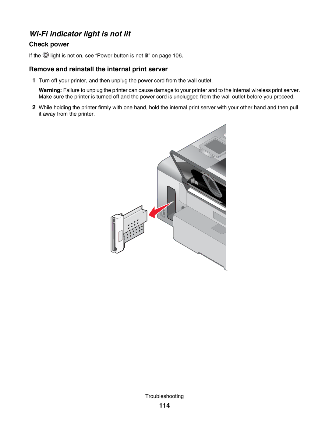 Lexmark 4800 manual Wi-Fi indicator light is not lit, Remove and reinstall the internal print server, 114 