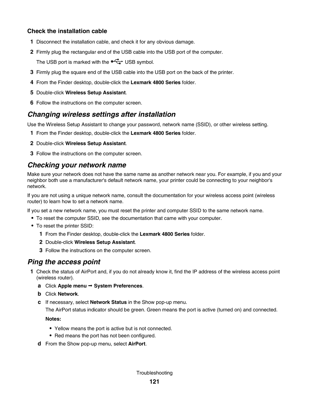 Lexmark 4800 manual Changing wireless settings after installation, Checking your network name, Ping the access point, 121 