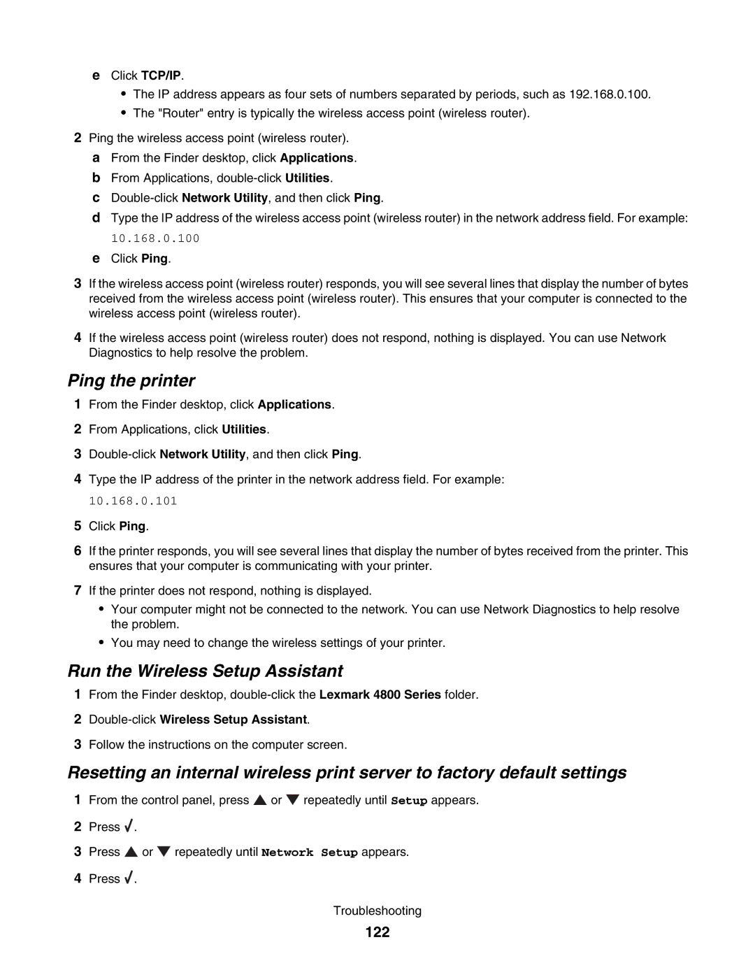 Lexmark 4800 manual Ping the printer, Run the Wireless Setup Assistant, 122 