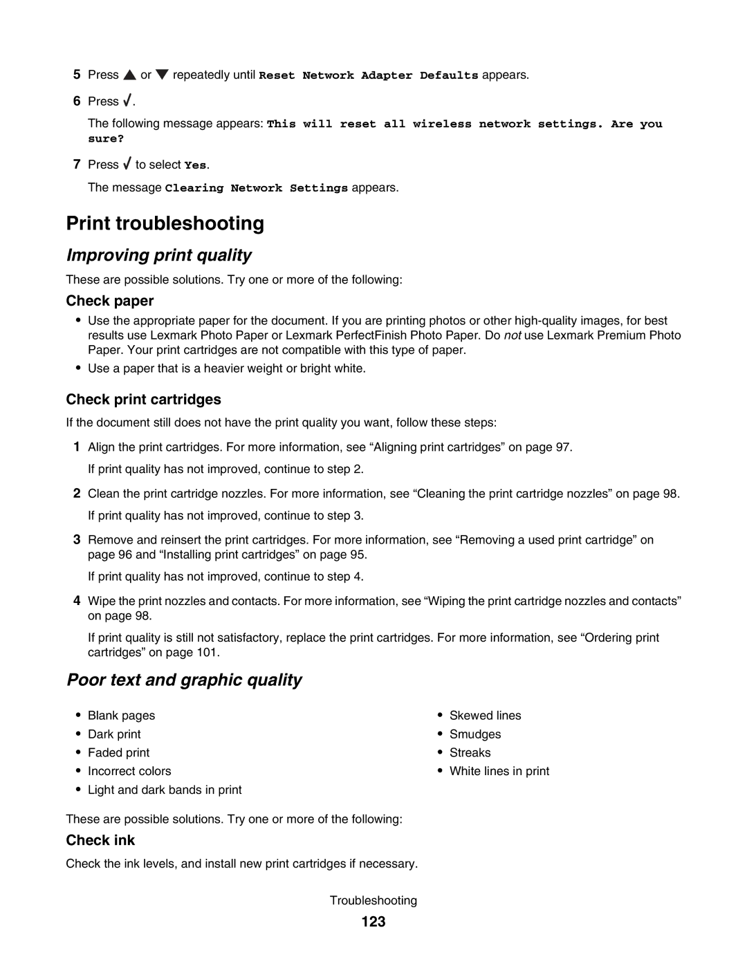 Lexmark 4800 manual Print troubleshooting, Improving print quality, Poor text and graphic quality 