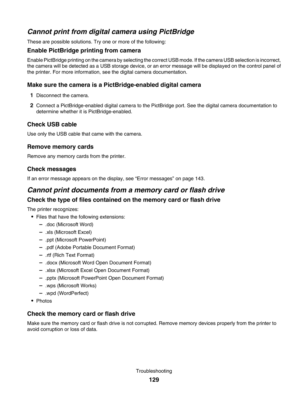 Lexmark 4800 manual Cannot print documents from a memory card or flash drive, Check the memory card or flash drive, 129 