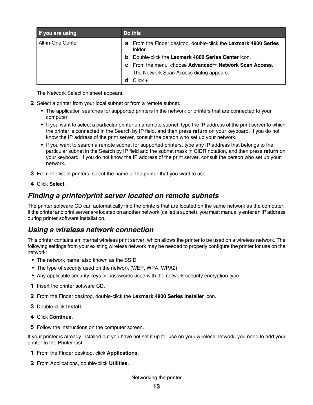 Lexmark 4800 Finding a printer/print server located on remote subnets, Using a wireless network connection, Click Continue 