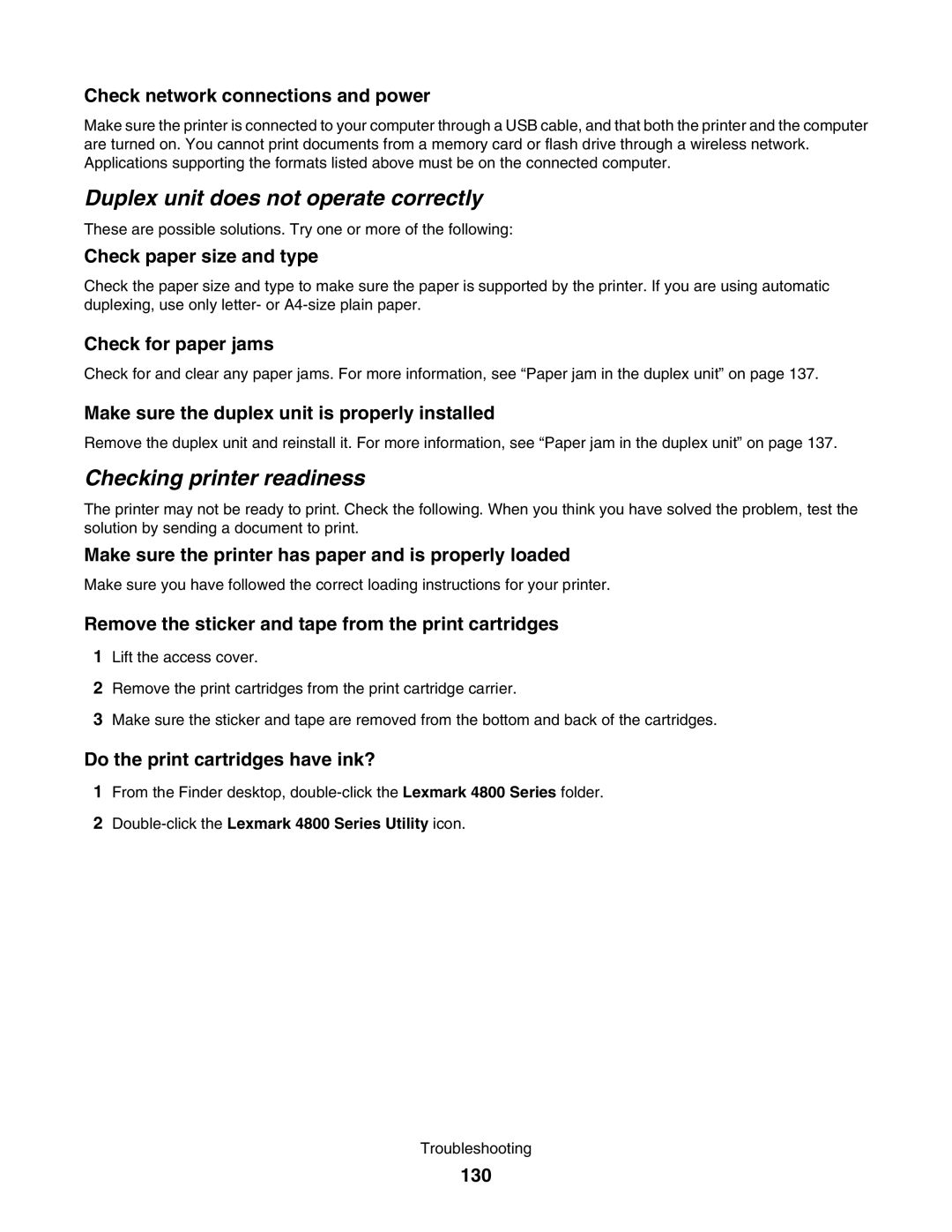 Lexmark 4800 manual Duplex unit does not operate correctly, Checking printer readiness 