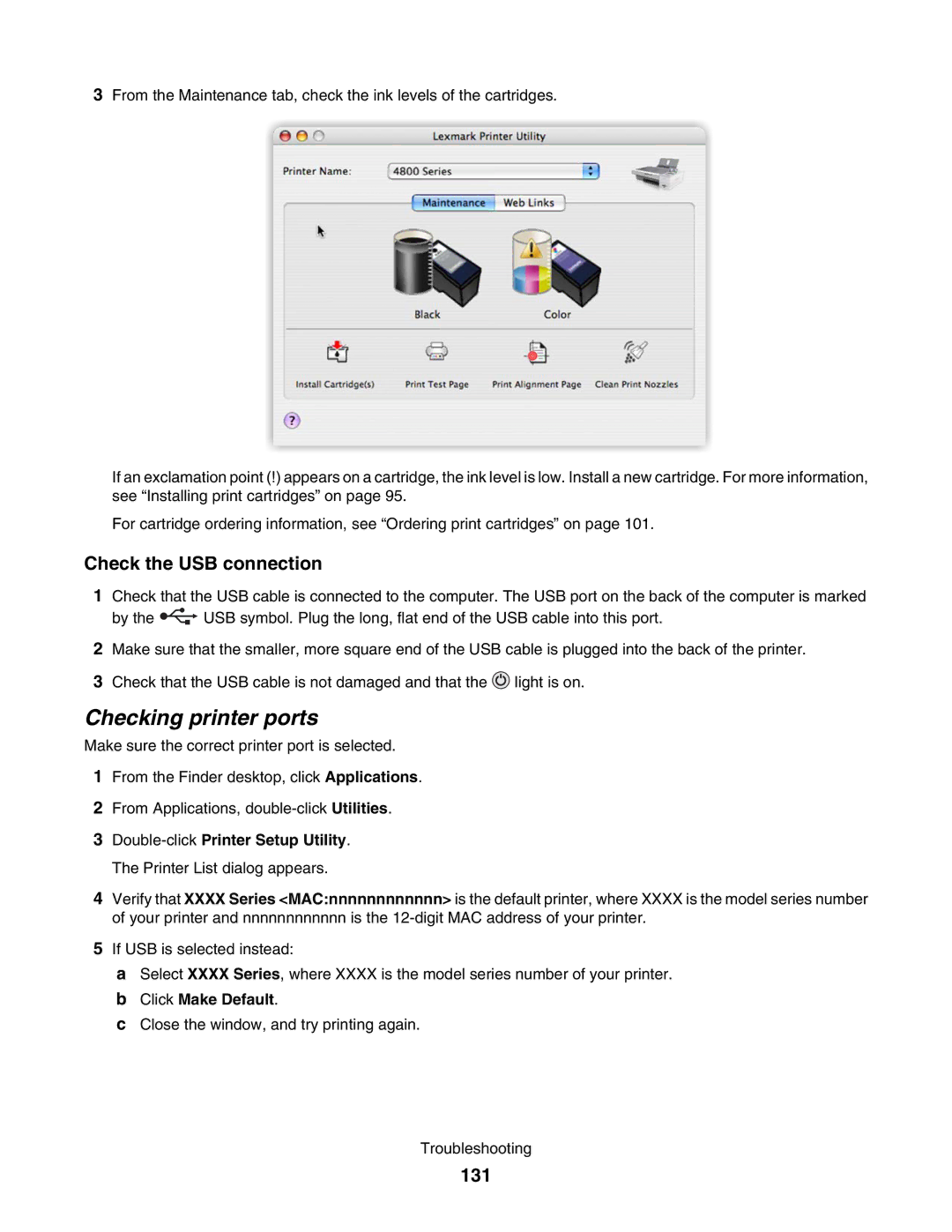 Lexmark 4800 manual Checking printer ports, Check the USB connection, 131, Click Make Default 