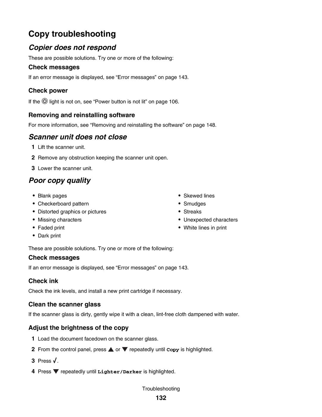 Lexmark 4800 manual Copy troubleshooting, Copier does not respond, Scanner unit does not close, Poor copy quality 