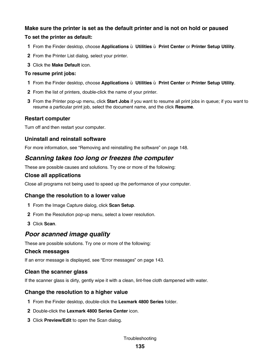 Lexmark 4800 manual Scanning takes too long or freezes the computer, Poor scanned image quality 