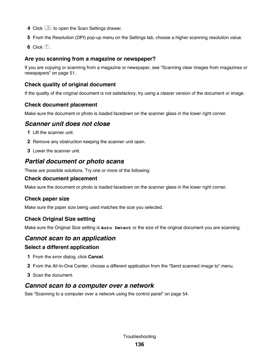 Lexmark 4800 Partial document or photo scans, Cannot scan to an application, Cannot scan to a computer over a network, 136 