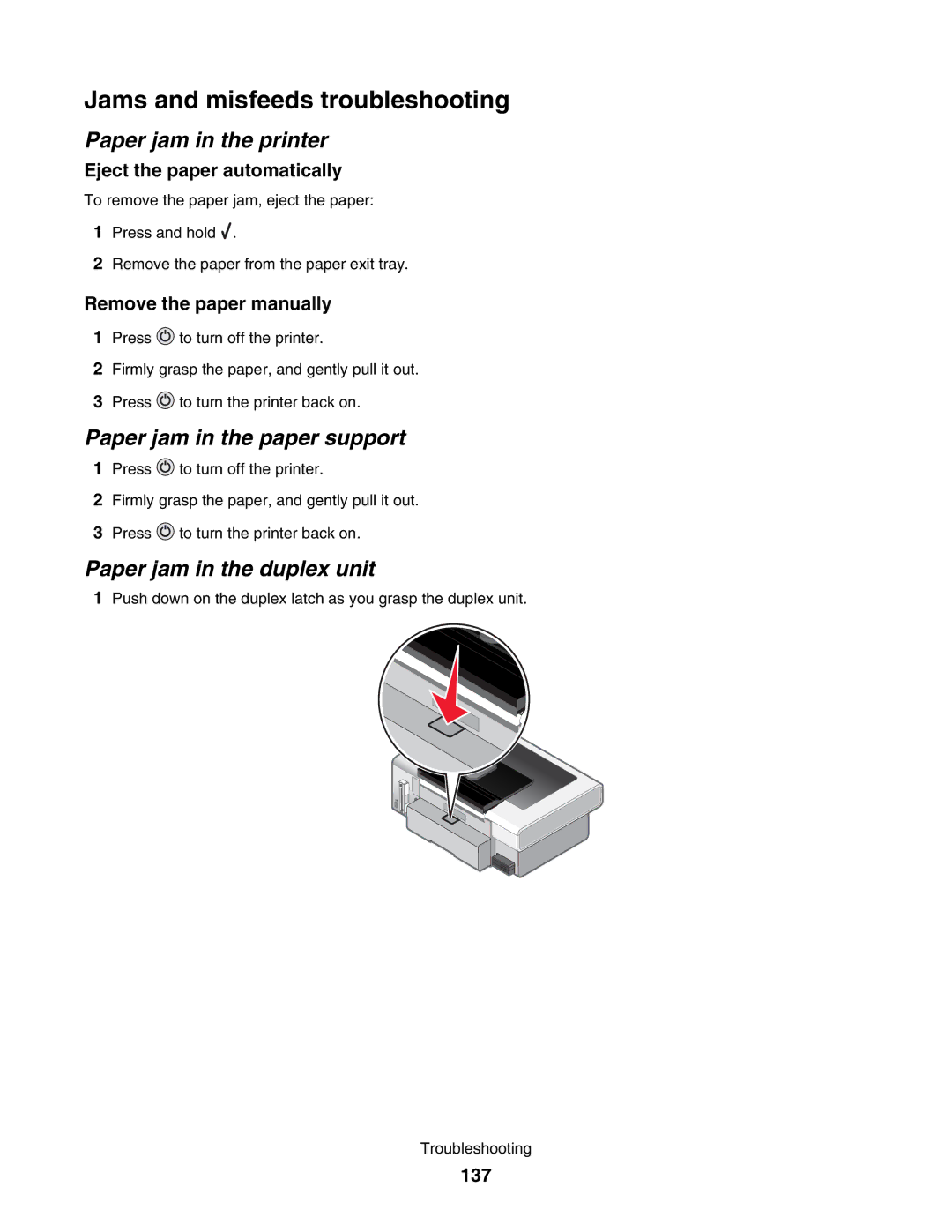 Lexmark 4800 manual Jams and misfeeds troubleshooting, Paper jam in the printer, Paper jam in the paper support 