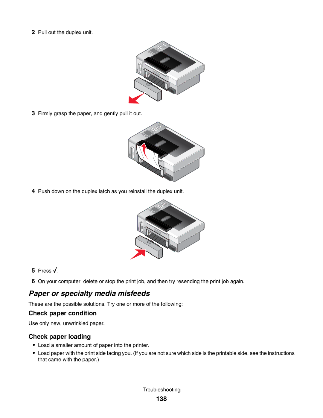 Lexmark 4800 manual Paper or specialty media misfeeds, Check paper loading, 138 