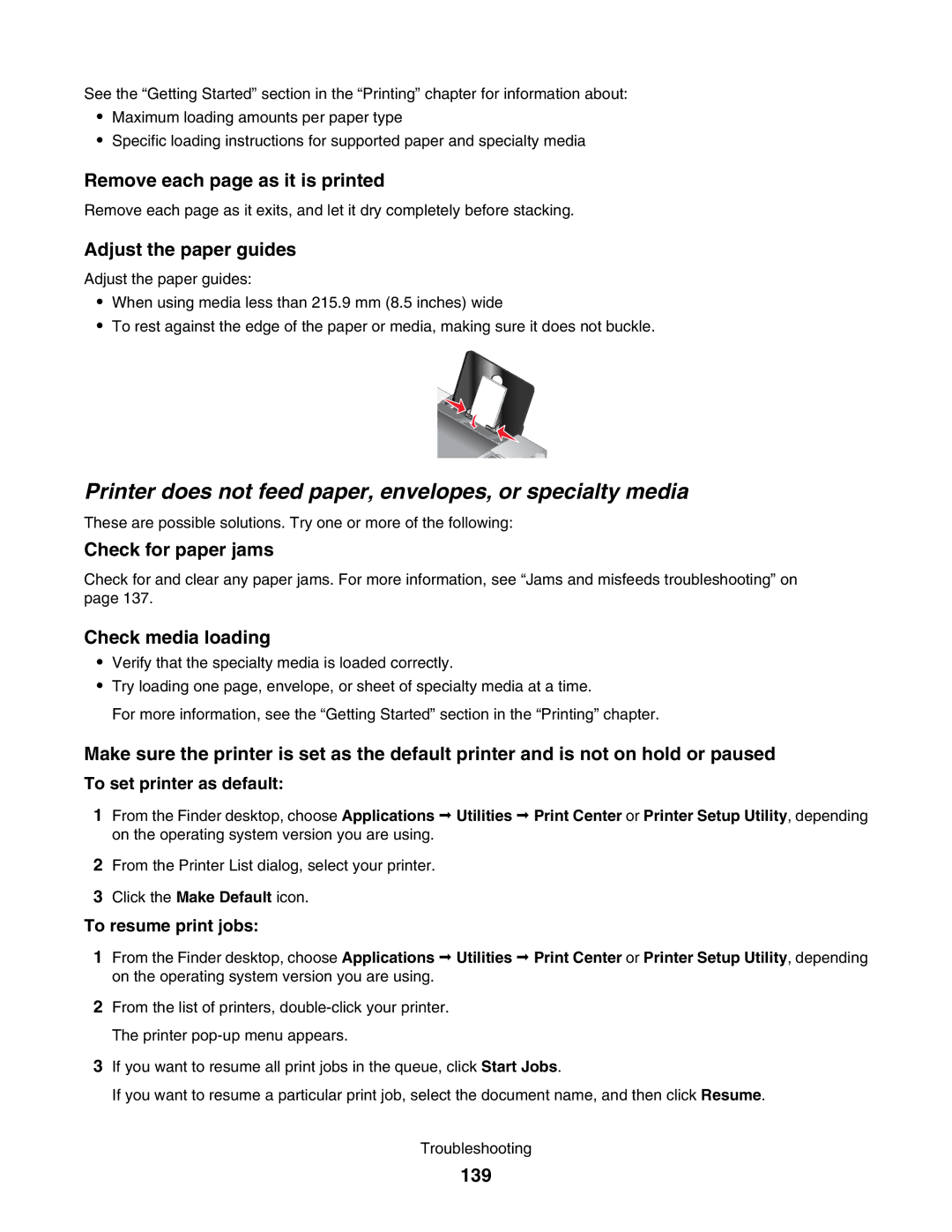 Lexmark 4800 manual Printer does not feed paper, envelopes, or specialty media, Remove each page as it is printed, 139 