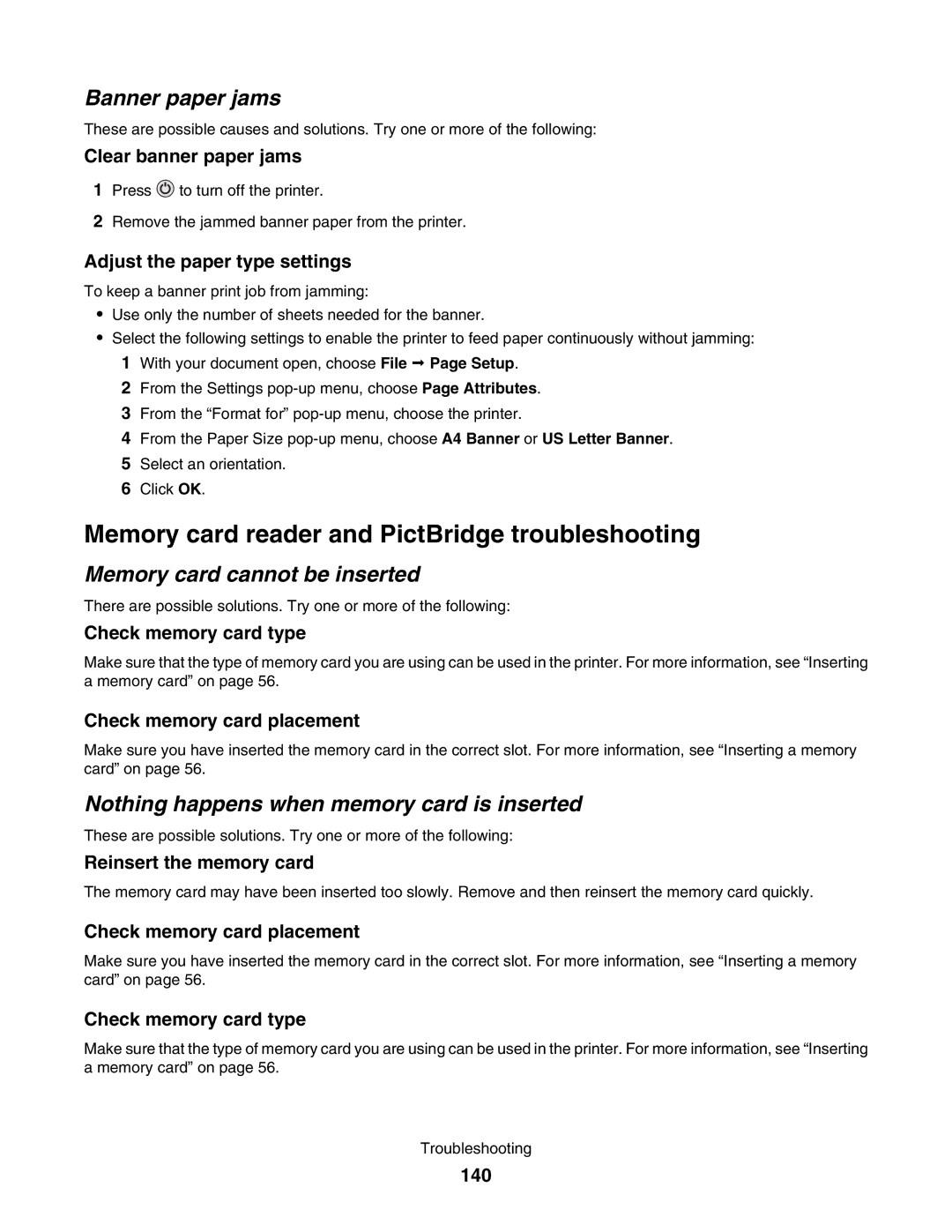 Lexmark 4800 manual Memory card reader and PictBridge troubleshooting, Banner paper jams, Memory card cannot be inserted 