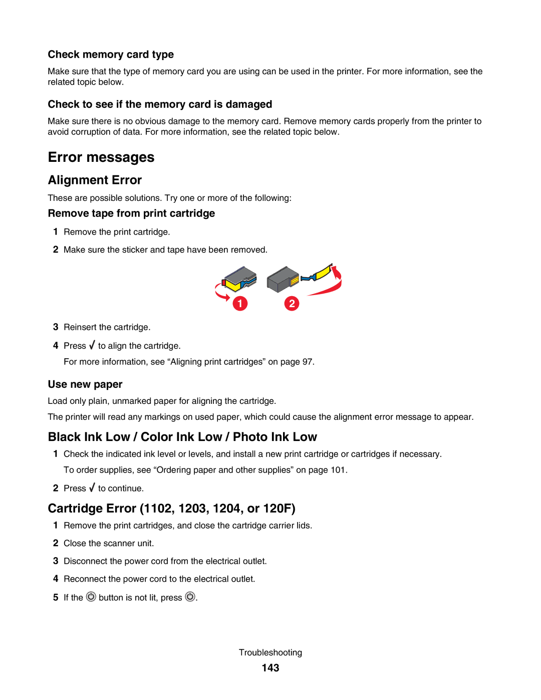 Lexmark 4800 manual Error messages, Remove tape from print cartridge, Use new paper, 143 