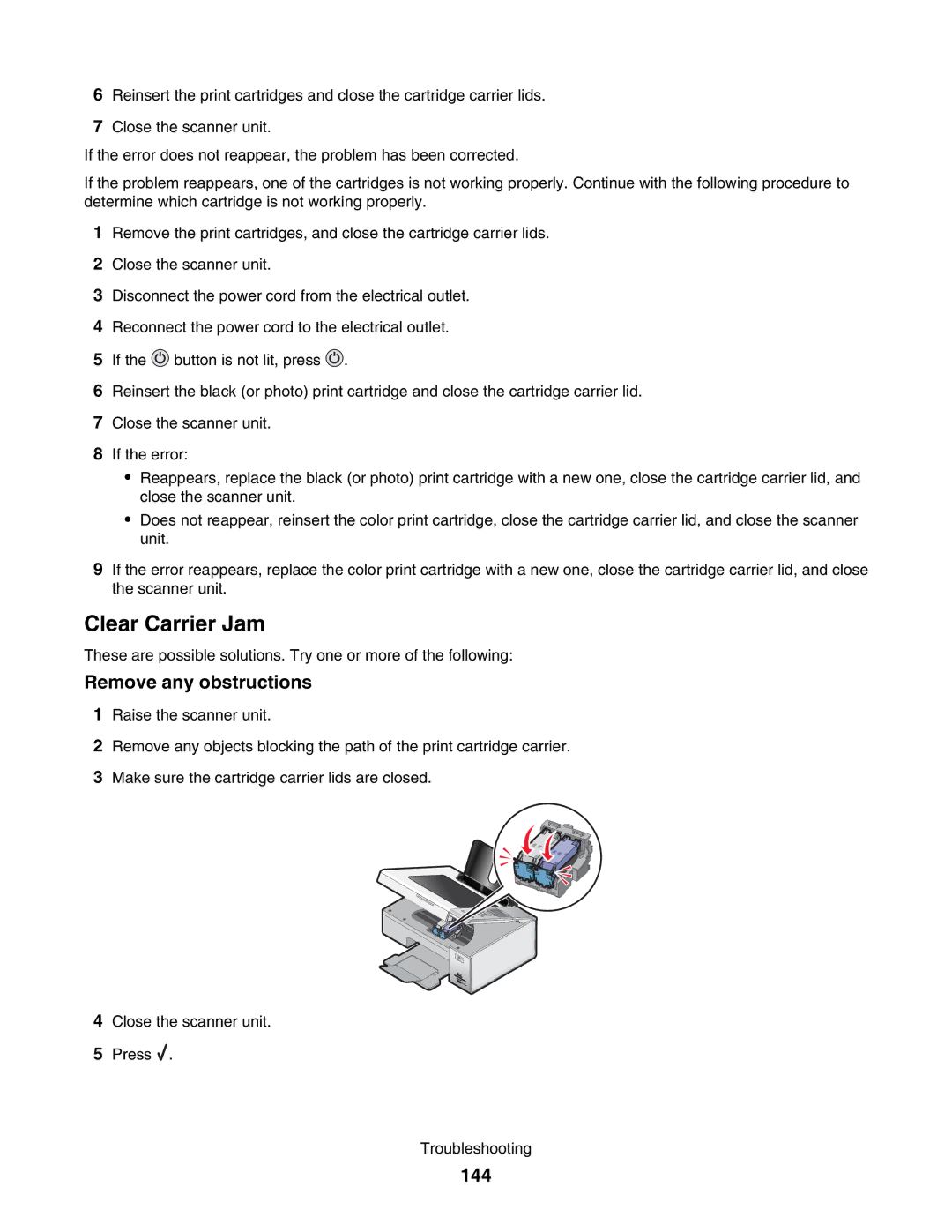 Lexmark 4800 manual Remove any obstructions, 144 