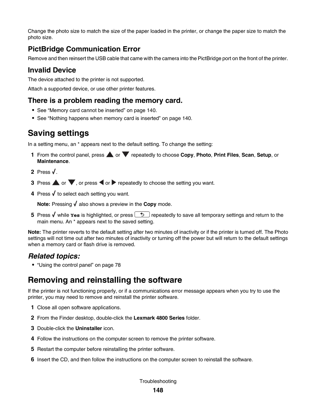 Lexmark 4800 manual Saving settings, Removing and reinstalling the software, 148 