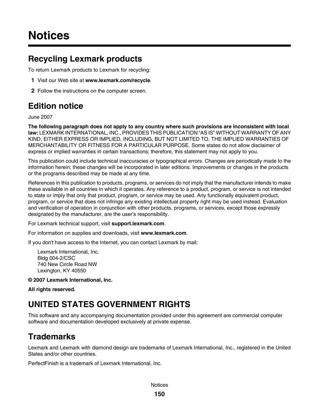 Lexmark 4800 Recycling Lexmark products, Edition notice, Trademarks, 150, Lexmark International, Inc All rights reserved 