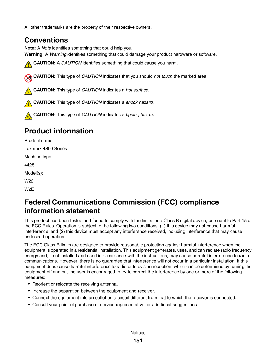 Lexmark 4800 manual Conventions Product information, 151 