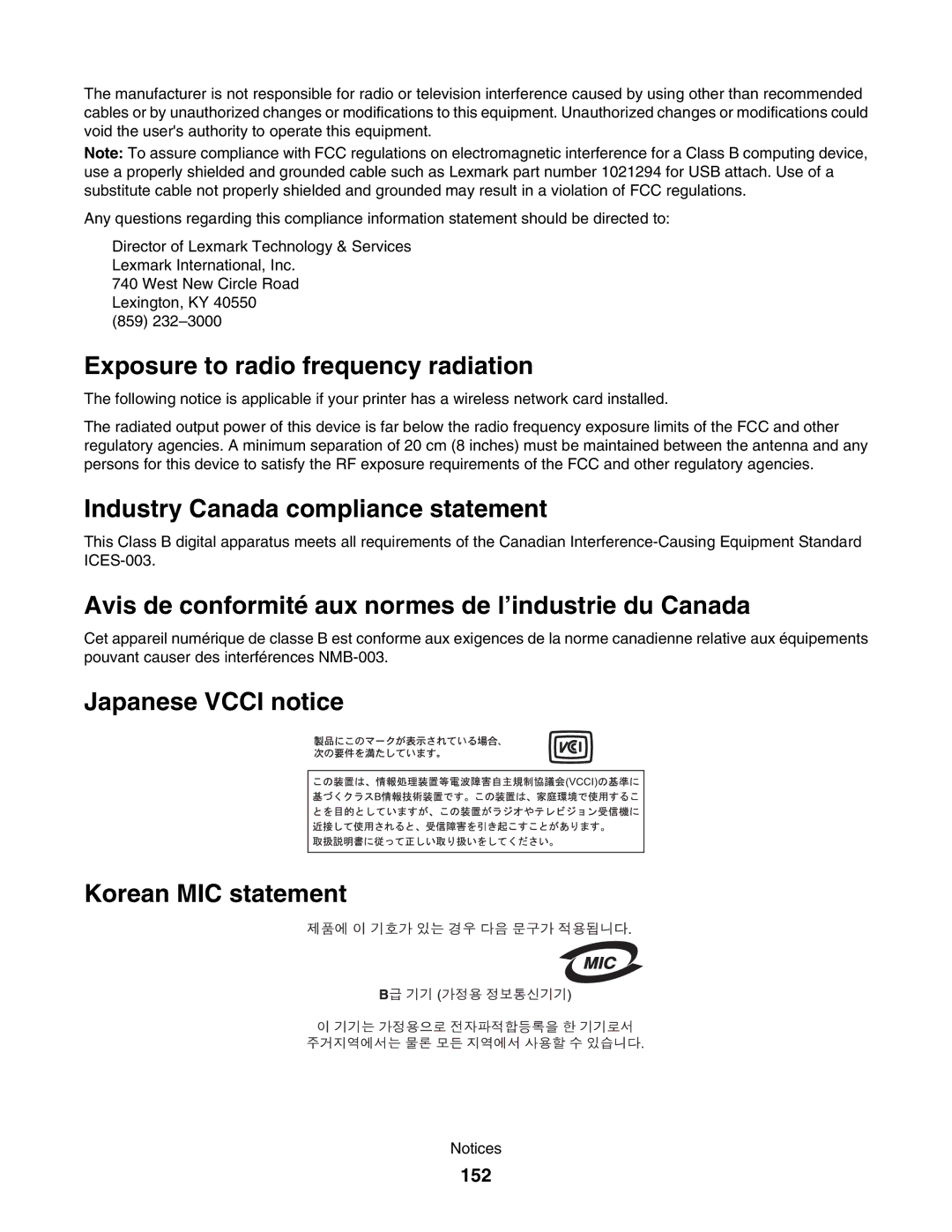 Lexmark 4800 manual Exposure to radio frequency radiation, Industry Canada compliance statement, 152 