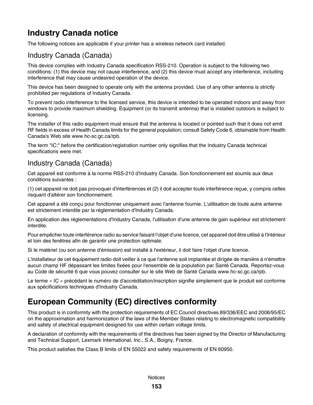 Lexmark 4800 manual Industry Canada notice, European Community EC directives conformity, Industry Canada Canada, 153 