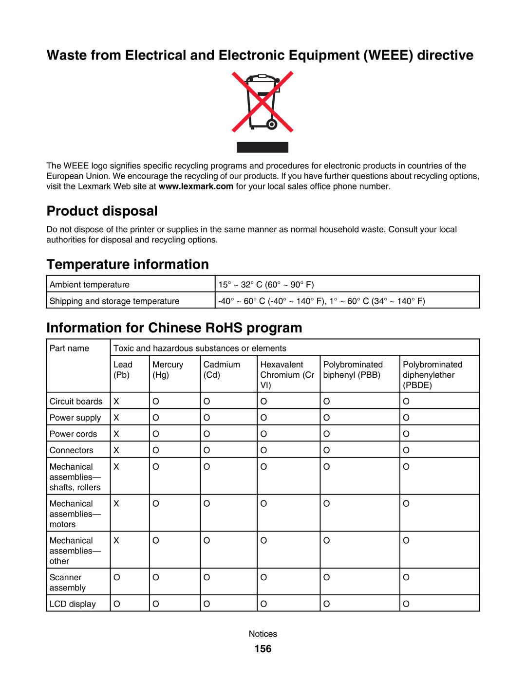 Lexmark 4800 manual Temperature information, Information for Chinese RoHS program, 156 