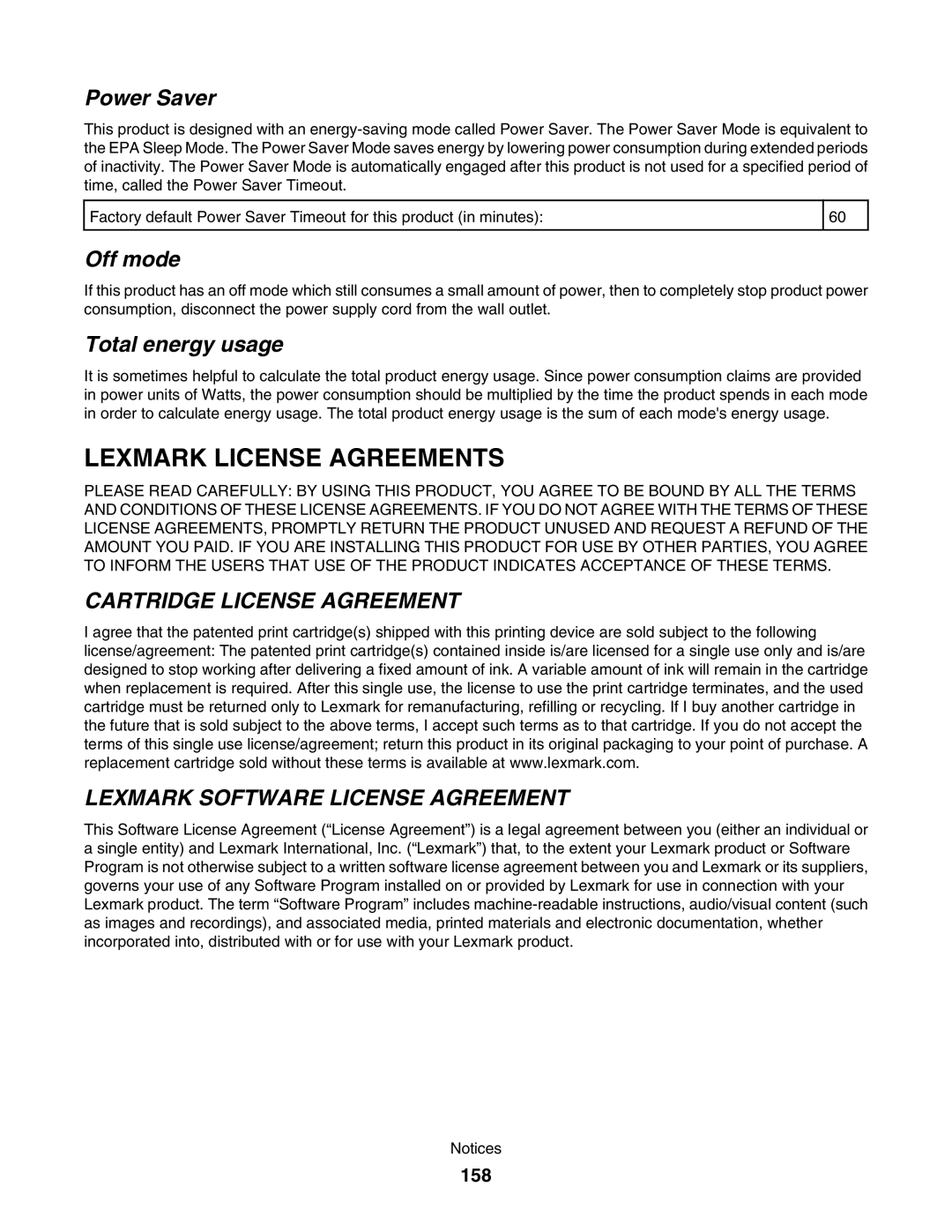 Lexmark 4800 manual Power Saver, Off mode, Total energy usage, 158 