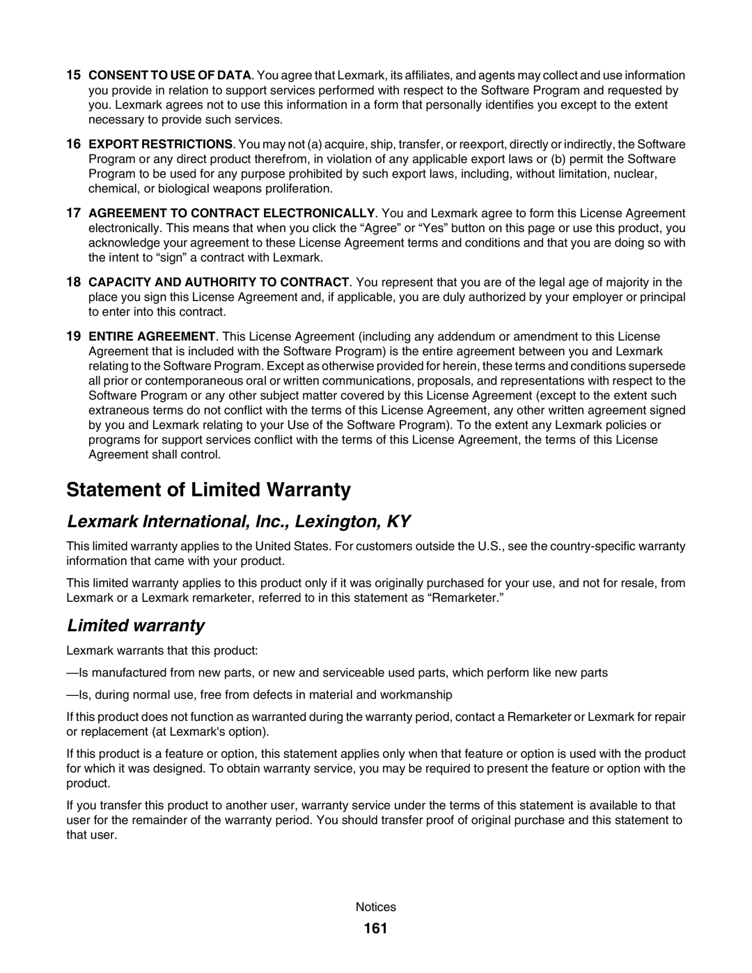 Lexmark 4800 manual Statement of Limited Warranty, Lexmark International, Inc., Lexington, KY, Limited warranty, 161 