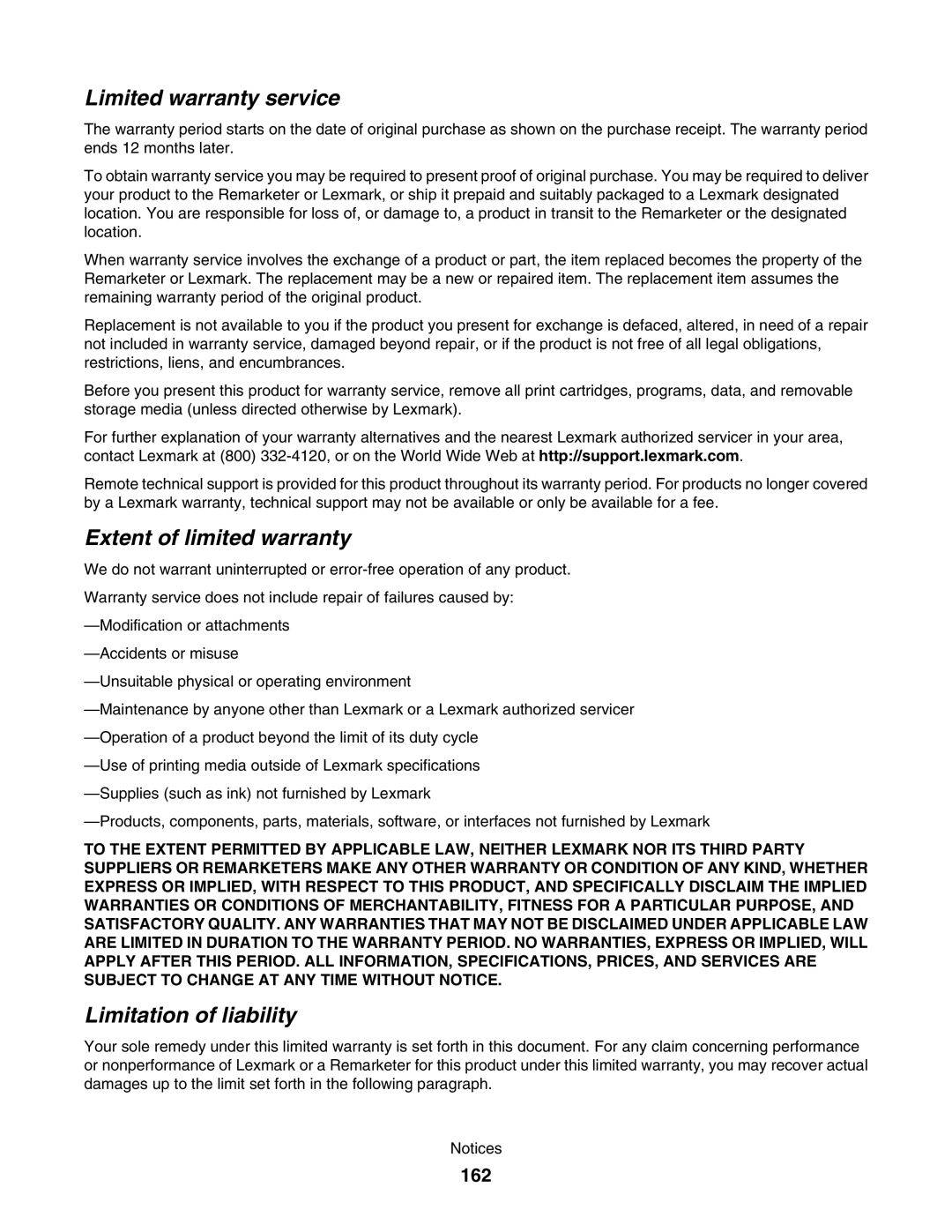 Lexmark 4800 manual Limited warranty service, Extent of limited warranty, Limitation of liability, 162 